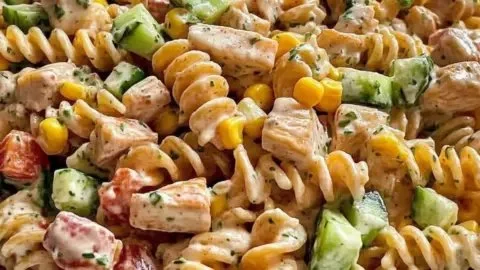Colorful barbecue chicken pasta salad in a bowl, perfect for summer gatherings