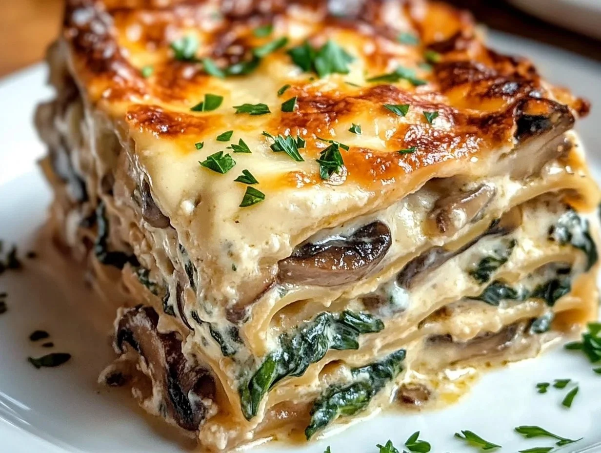 Creamy spinach mushroom lasagna layered with rich cheese and fresh ingredients