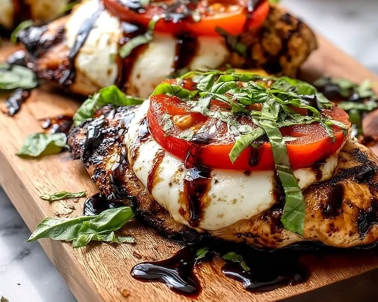 Delicious grilled chicken caprese with mozzarella and basil on a plate