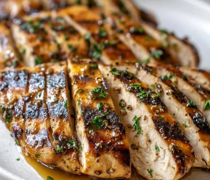 Juicy grilled chicken marinated and cooked to perfection on the grill.