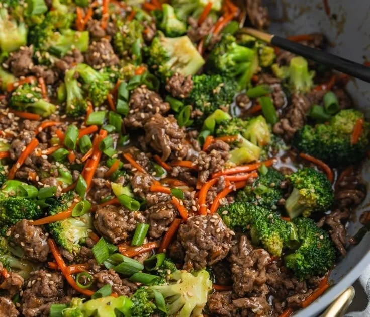 Easy ground beef teriyaki served with rice and vegetables