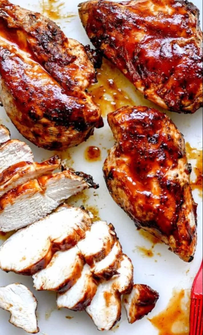 Juicy BBQ chicken on a grill with barbecue sauce glistening
