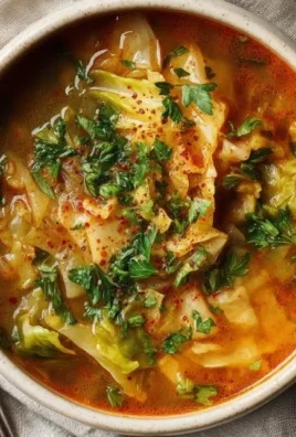 A bowl of fat-burning cabbage soup garnished with herbs, showcasing its healthy ingredients.