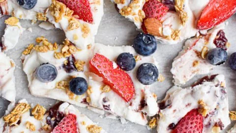 Delicious homemade frozen yogurt bark topped with fresh fruits and nuts