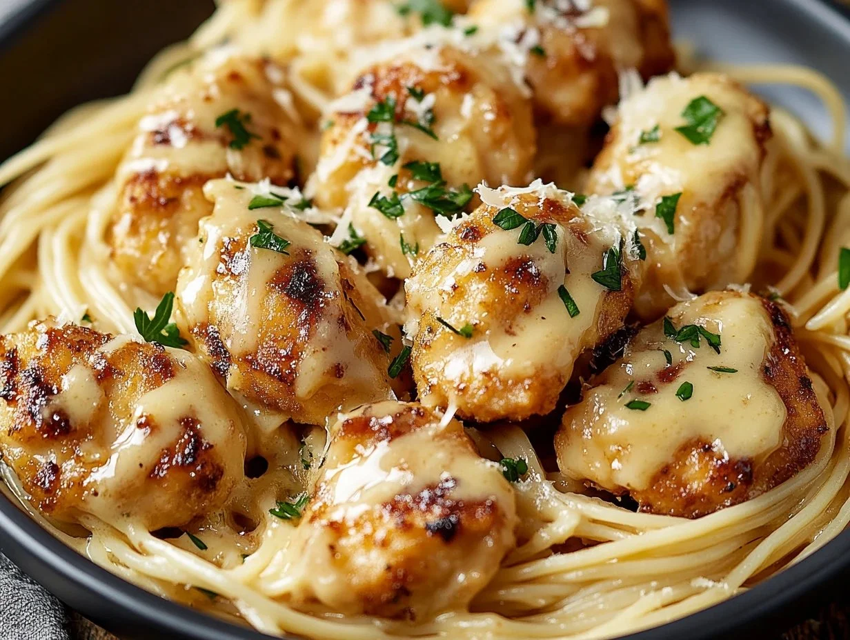 Garlic Butter Chicken Bites served with creamy parmesan pasta on a plate