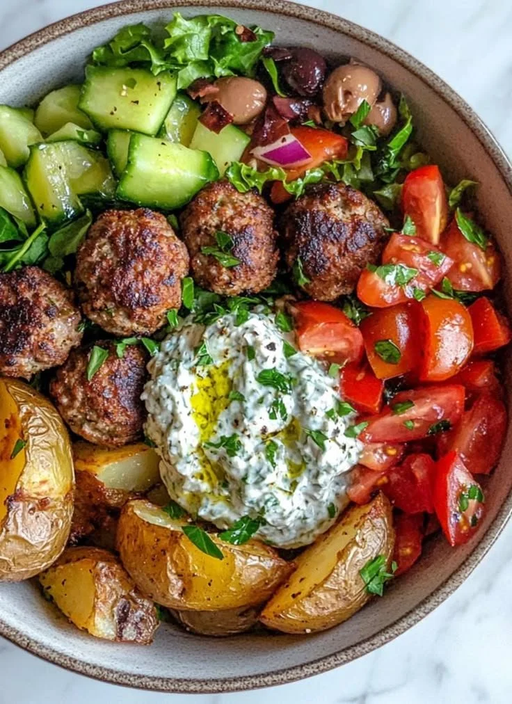 Delicious Greek Meatball Bowl with savory meatballs, veggies, and sauces.
