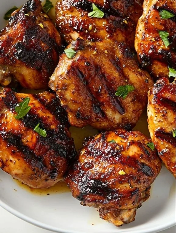 Juicy grilled chicken thighs seasoned and cooked to perfection on the grill.