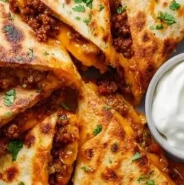Golden-brown ground beef quesadillas served on a plate with sliced avocado.