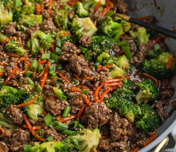Ground Beef Teriyaki dish with vegetables and rice