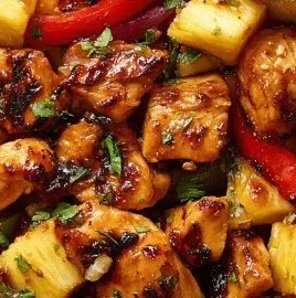 Hawaiian Chicken Sheet Pan with colorful vegetables and pineapple glaze