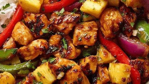 Hawaiian Chicken Sheet Pan with colorful vegetables and pineapple glaze