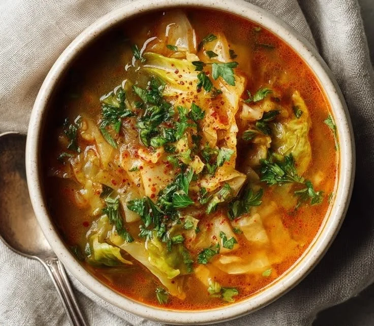 Healthy fat-burning cabbage soup in a bowl garnished with herbs