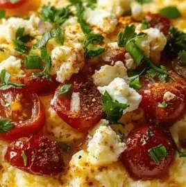 Healthy Mediterranean scrambled eggs served in a vibrant breakfast bowl