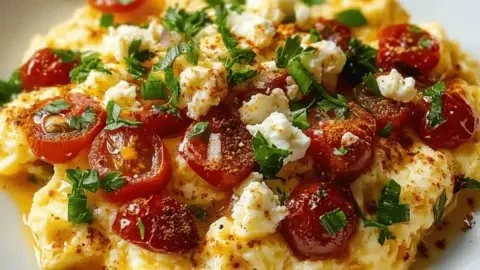 Healthy Mediterranean scrambled eggs served in a vibrant breakfast bowl