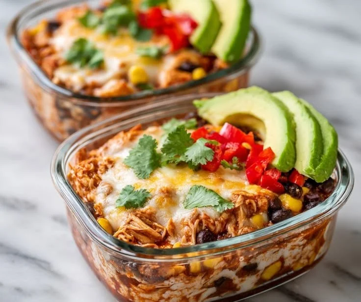 High-protein chicken enchilada bowl with cottage cheese and fresh toppings