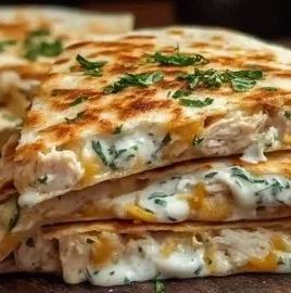 High-protein chicken ranch quesadilla on a plate with fresh ingredients