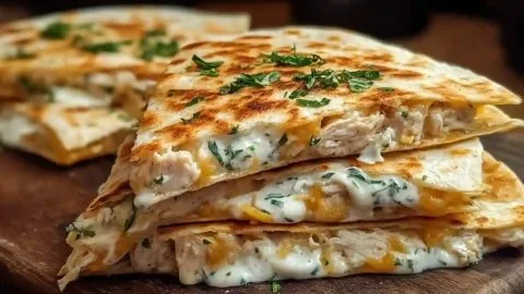 High-protein chicken ranch quesadilla on a plate with fresh ingredients