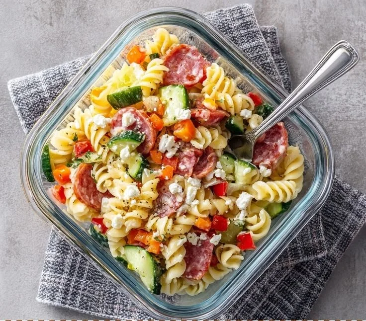 High-Protein Italian Pasta Salad with colorful vegetables and dressing