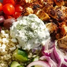 High protein Mediterranean chicken bowls recipe ready to serve in 30 minutes.