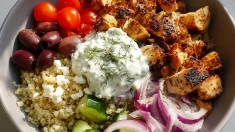 High protein Mediterranean chicken bowls recipe ready to serve in 30 minutes.