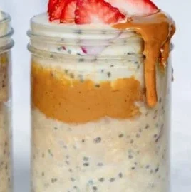 Delicious high-protein overnight oats topped with fruits and nuts