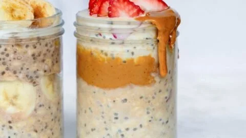 Delicious high-protein overnight oats topped with fruits and nuts
