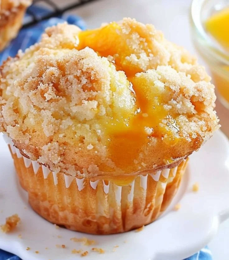 Plateful of freshly baked homemade peach cobbler muffins topped with crumble.