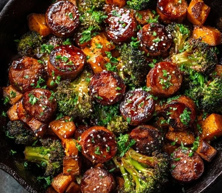Honey garlic sausage alongside roasted sweet potatoes on a sheet pan dinner.