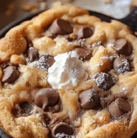 Indulgent cottage cheese chocolate chip cookie skillet fresh out of the oven