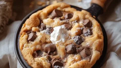 Indulgent cottage cheese chocolate chip cookie skillet fresh out of the oven