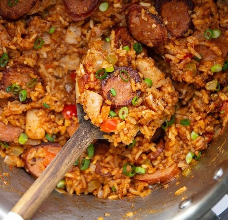 Delicious bowl of Instant Pot Jambalaya with shrimp, sausage, and rice