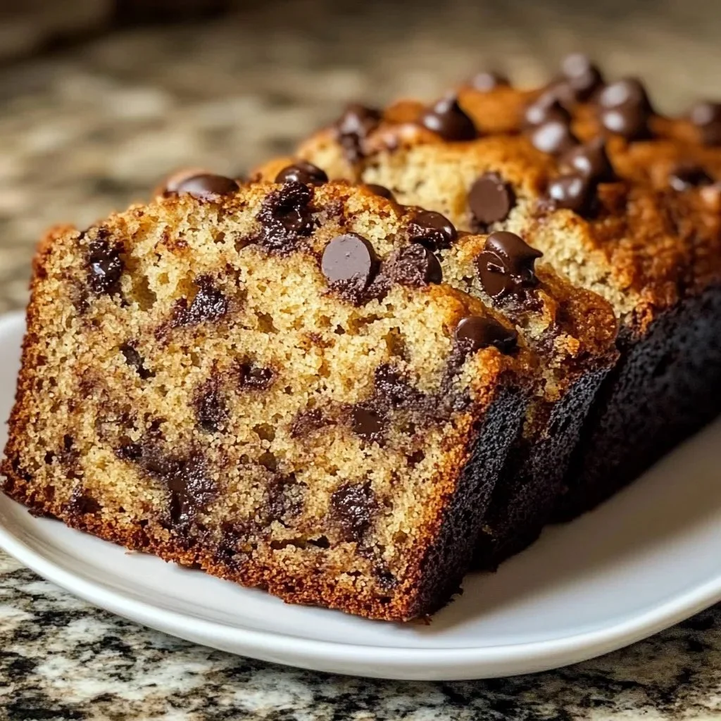 Moist chocolate chip banana bread loaf with chocolate chips on a wooden table
