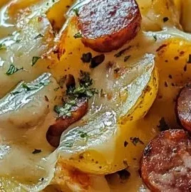 Cheesy ranch potatoes served with smoked sausage on a plate