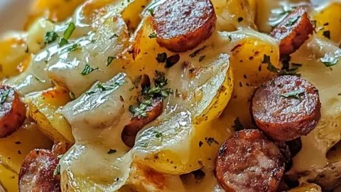 Cheesy ranch potatoes served with smoked sausage on a plate