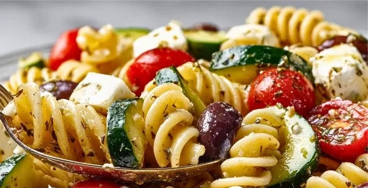 A colorful bowl of Italian pasta salad with fresh vegetables and dressing.
