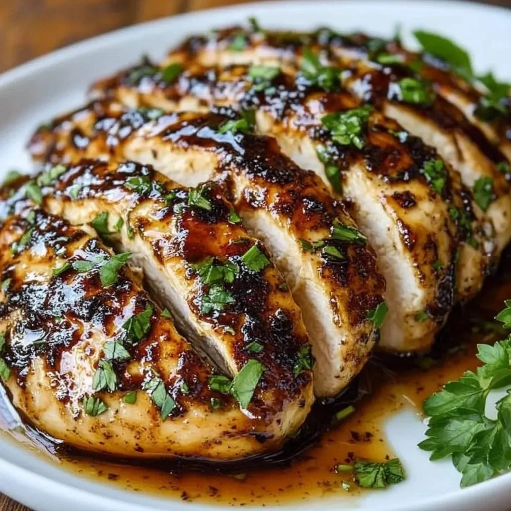 Juicy balsamic baked chicken breast with herbs and spices, ready to serve.