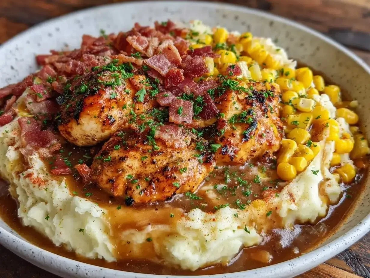Juicy grilled chicken served in a bowl with creamy mashed potatoes
