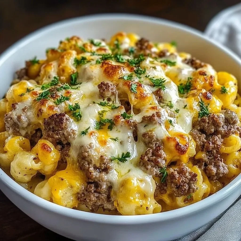 Keto Cheeseburger Cauliflower Mac dish on a plate, garnished and ready to serve.
