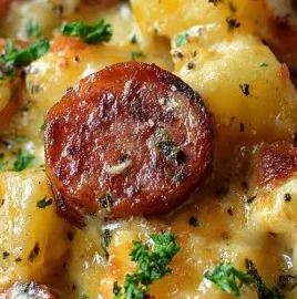 Kielbasa sausage cheesy potato casserole in a baking dish