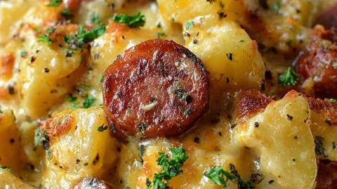 Kielbasa sausage cheesy potato casserole in a baking dish