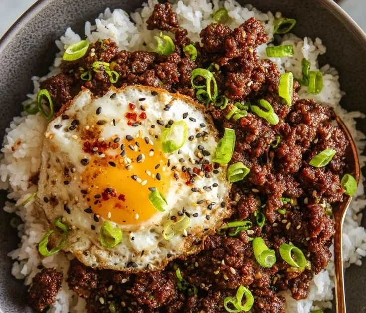 Delicious Korean Ground Beef Bowl with fresh vegetables and rice