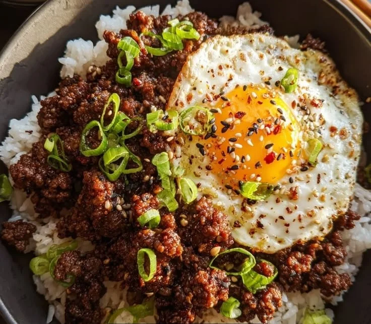Korean Ground Beef Bowl with vegetables and rice in a colorful dish