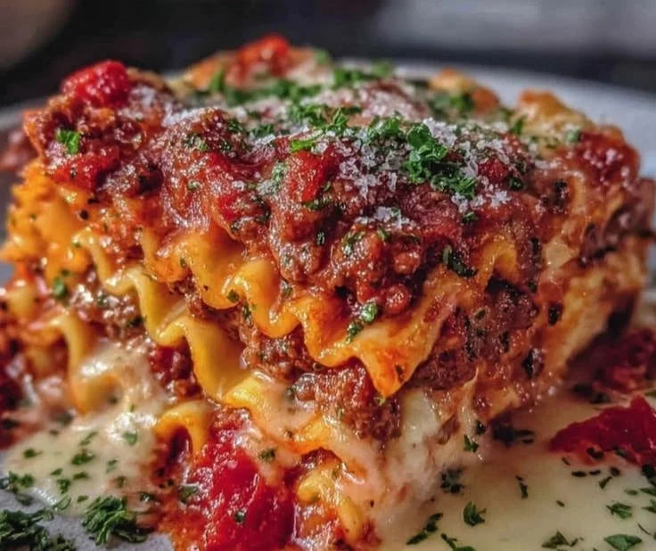 Delicious homemade lasagna layered with cheese and rich sauce.