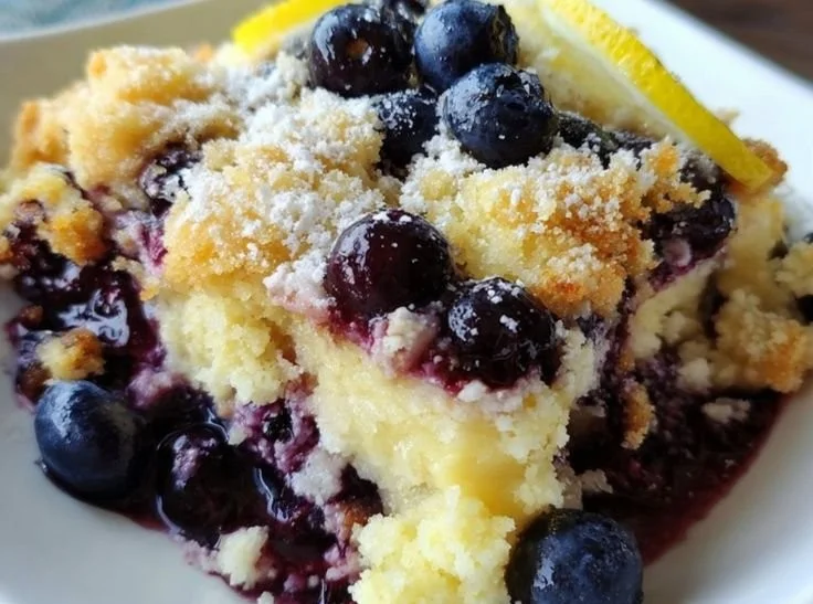 Lemon Blueberry Cheesecake Dump Cake topped with fresh blueberries