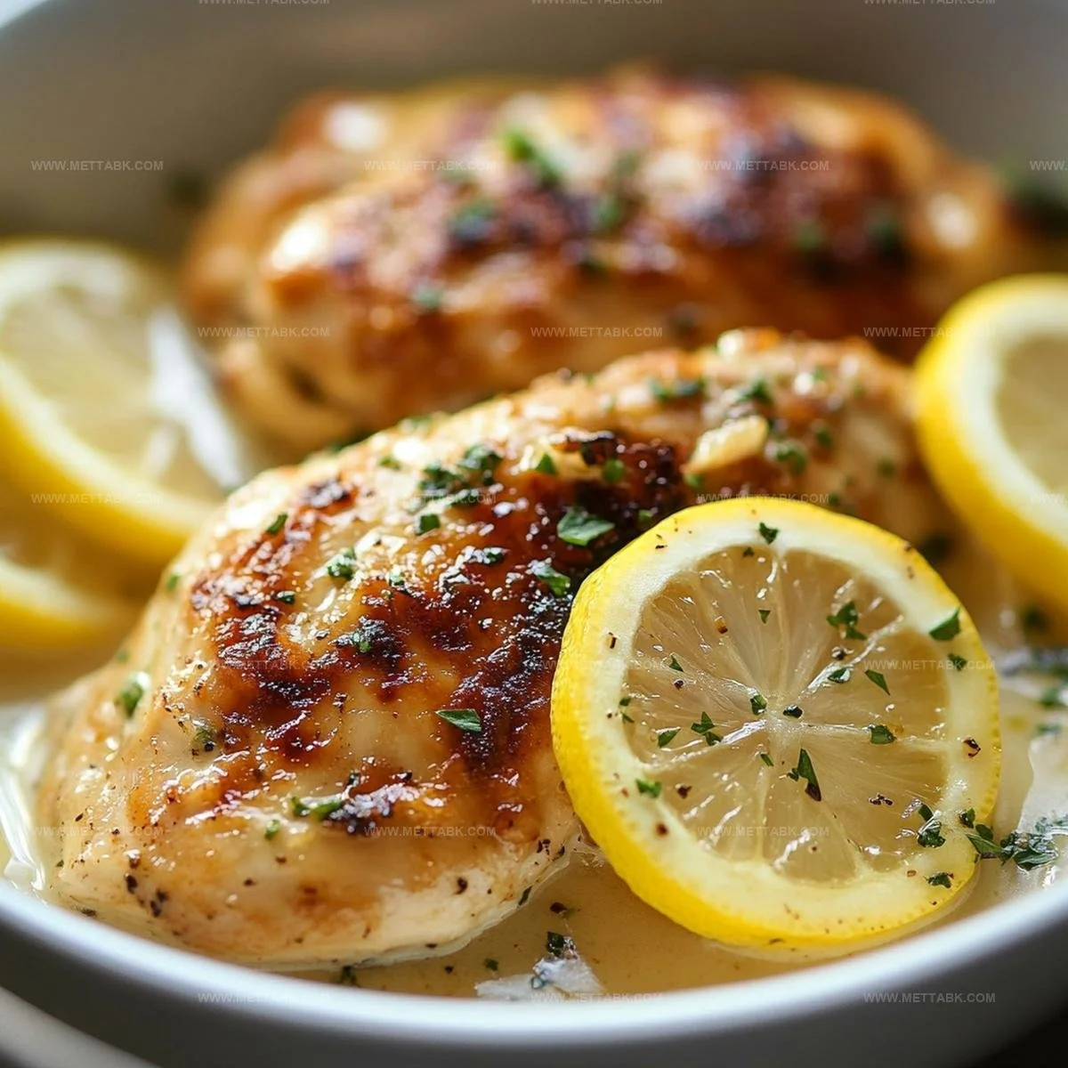 Lemon garlic chicken served with fresh herbs and lemon slices on a plate