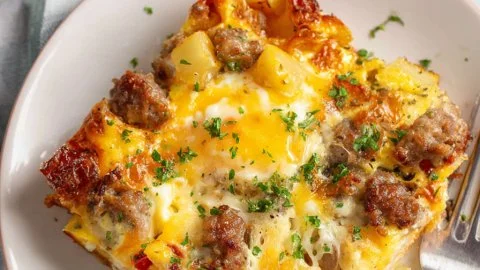 Loaded baked egg casserole with vegetables and cheese