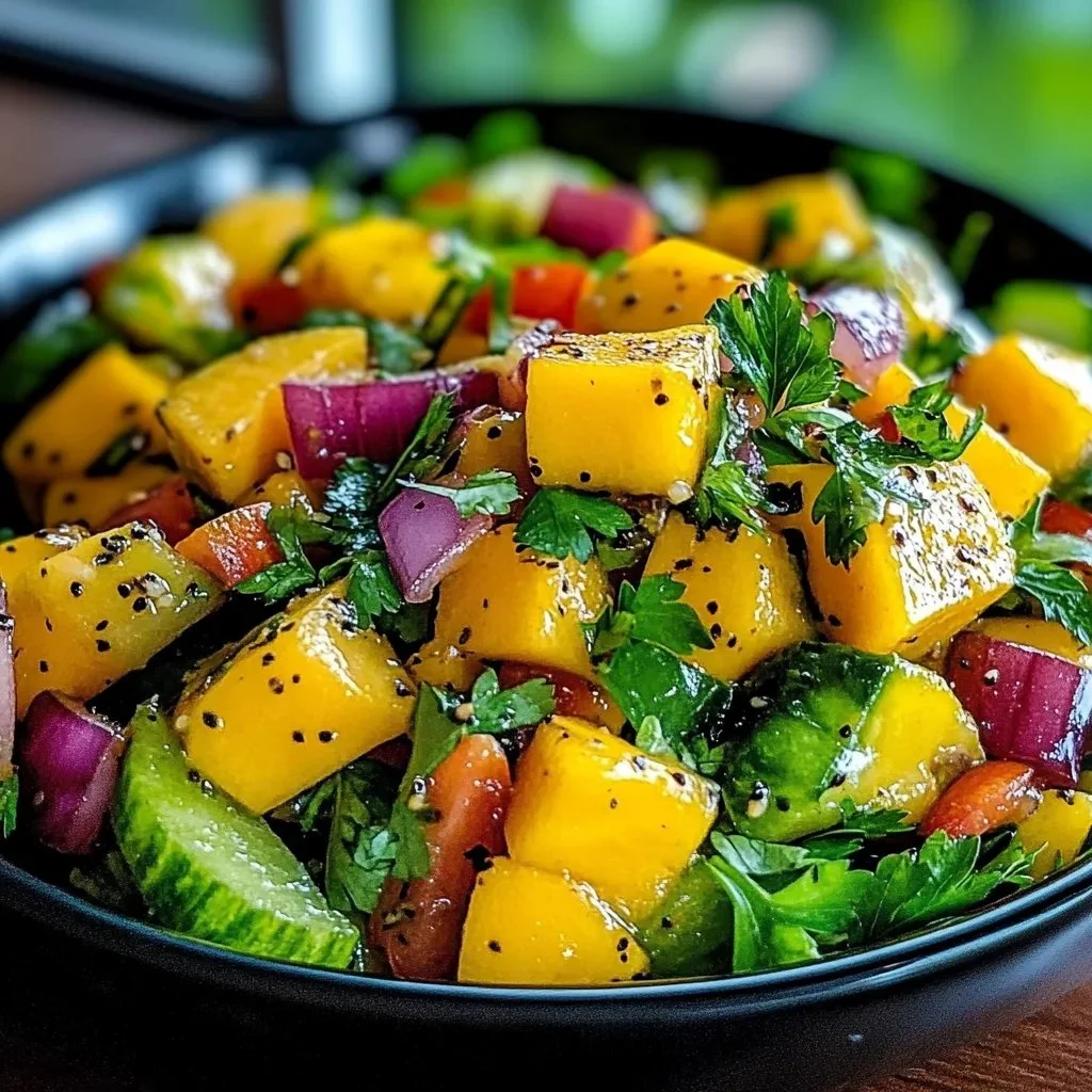 Mango salad with lime dressing, fresh ingredients and vibrant colors.