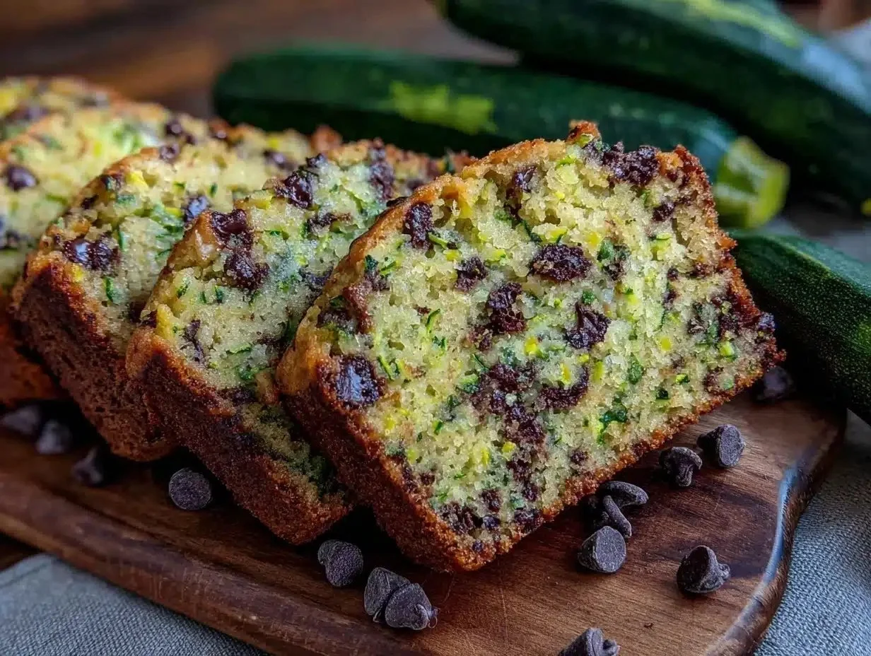 Slice of moist zucchini bread with chocolate chips on a wooden cutting board