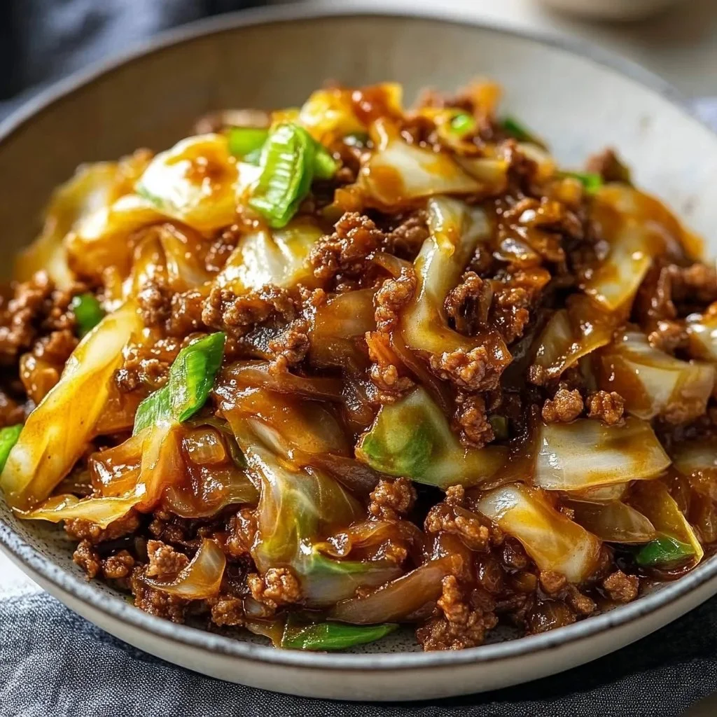 Delicious Mongolian Cabbage with Ground Beef served in a bowl.