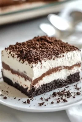 Delicious no bake Oreo lasagna dessert with layers of cream and Oreo cookies.